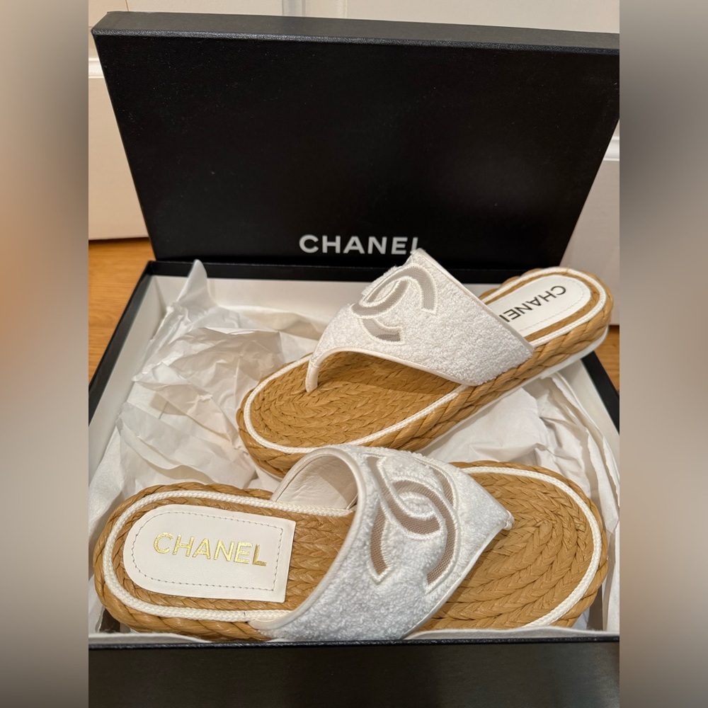 CHANEL White and Tan Women's Sandals